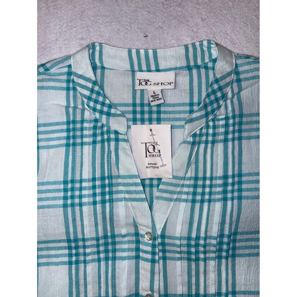 Tog Shop Plaid Tunic Shirt Embroidered Hem Women's L Teal White - Picture 2 of 7